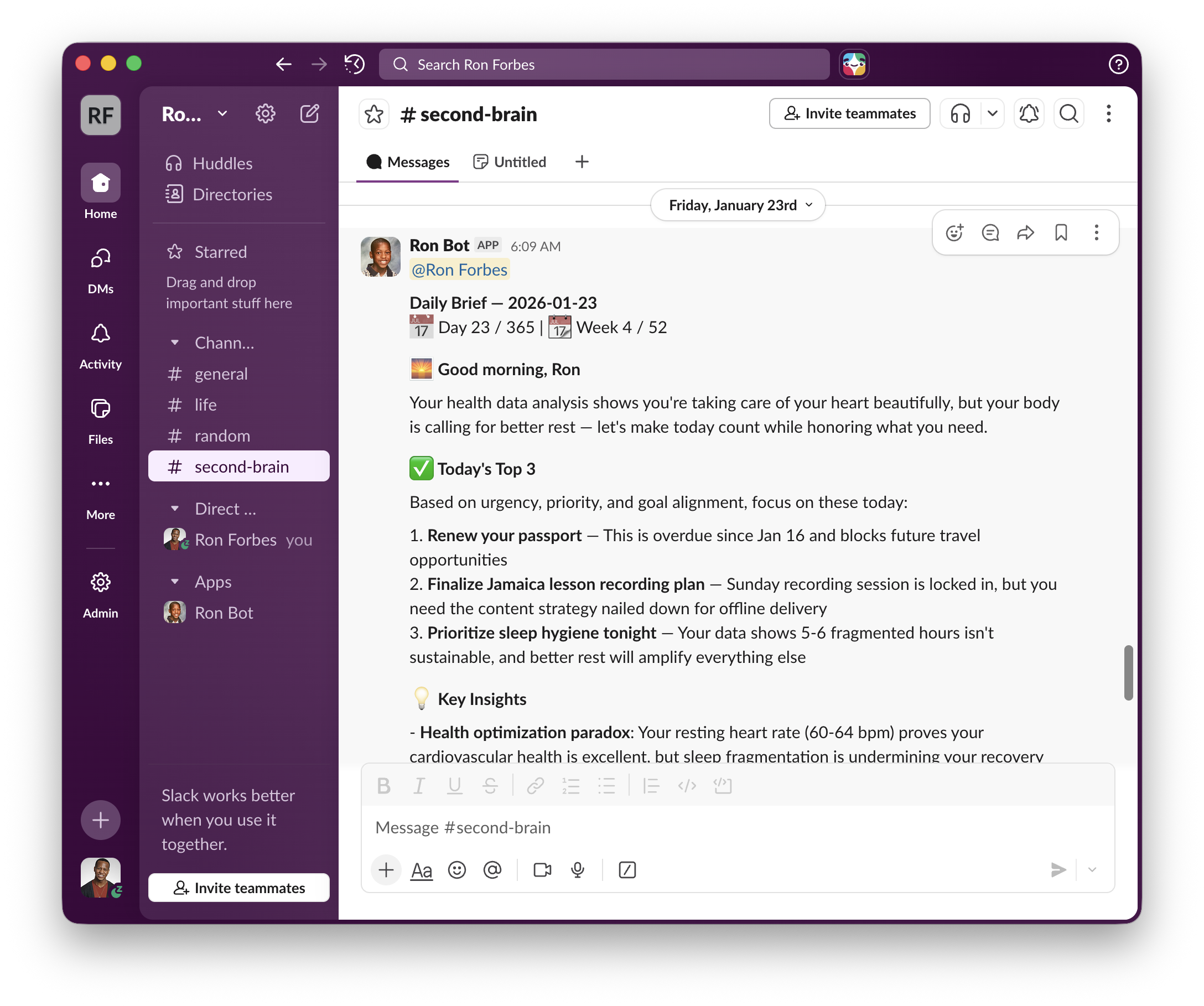 My daily brief showing priorities and insights