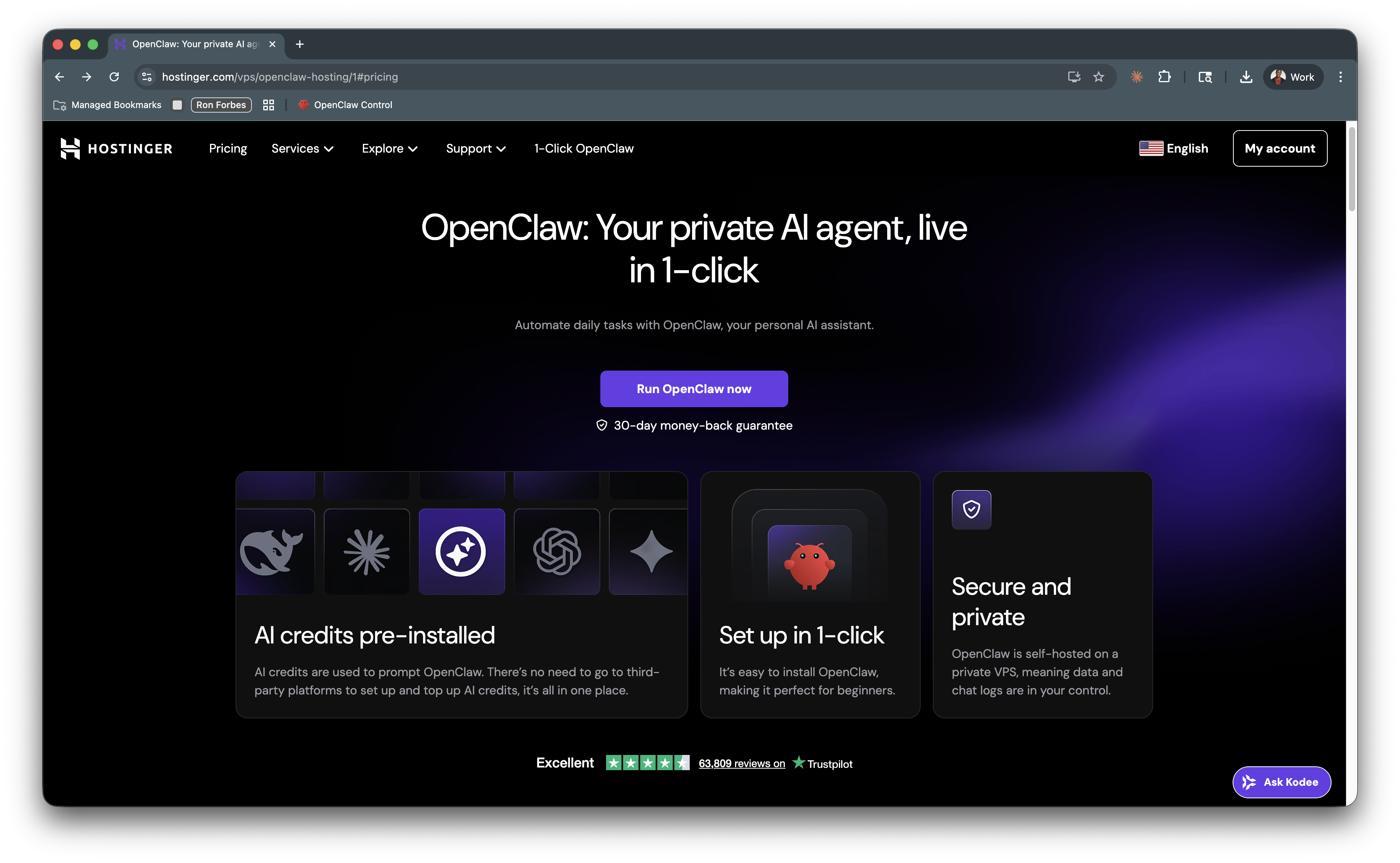 Hostinger one-click OpenClaw deployment page